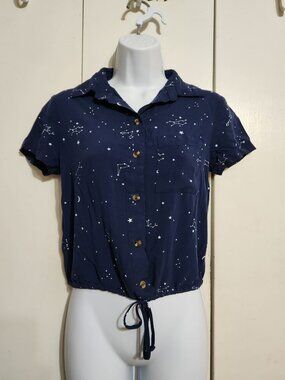 No Boundaries Celestial Top XS Blue Constellation Star Moon Tie Hem Crop Shirt